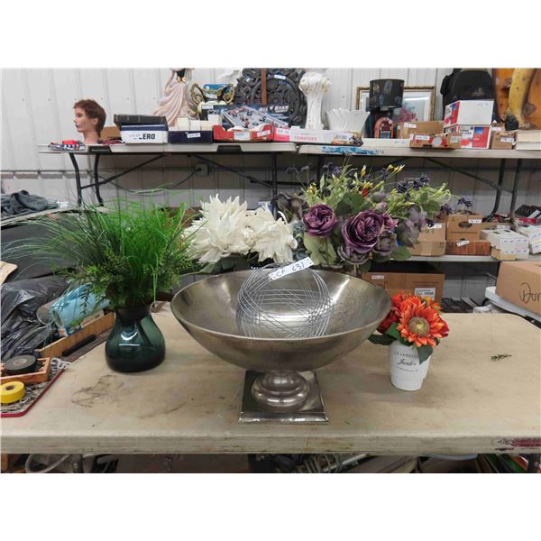 Vases, Fake + Silk Flower Arrangement & Large Basin