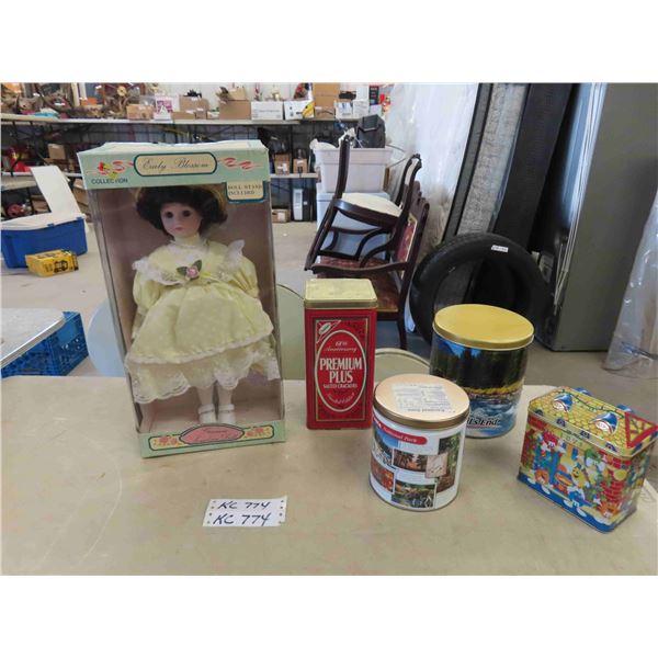 Porcelain Doll 18" Tall & 4 Metal Tins
