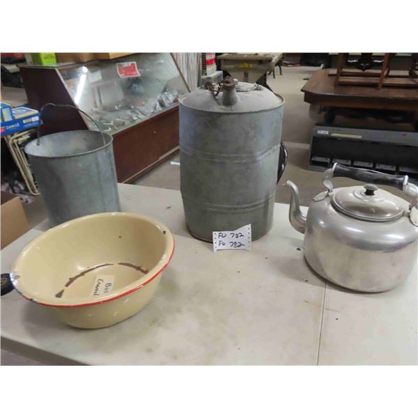 Large Kettle, Galvanized Gas Can, Enamel Basin, Galvanized Pail