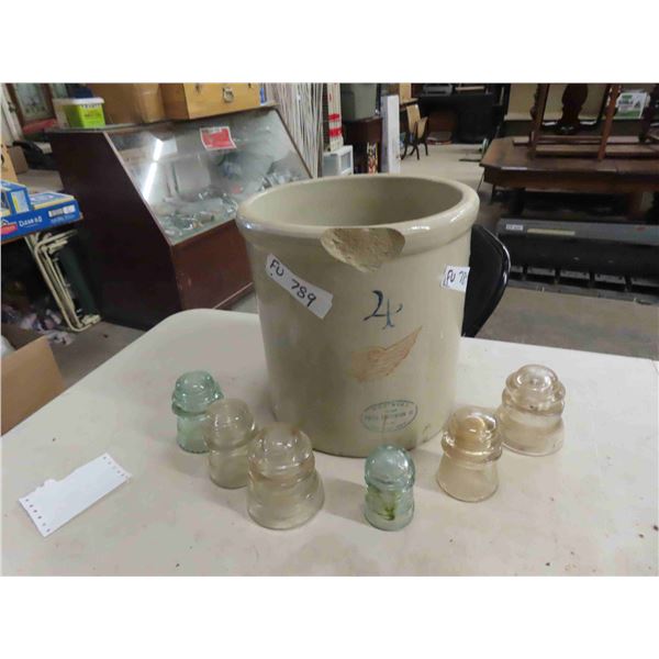 Red Wing 4 Gal Crock - chip on rim & 6 Insulators