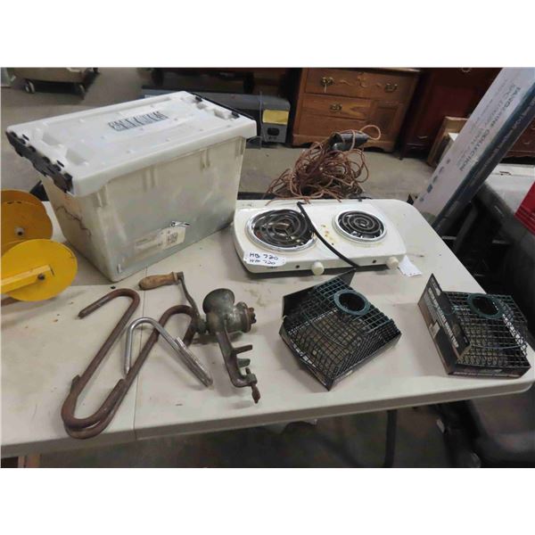 (2) 2 Burner Hot Plate, 3 Meat Hooks, Meat Grinder, 2 New Catch + Release Mouse 