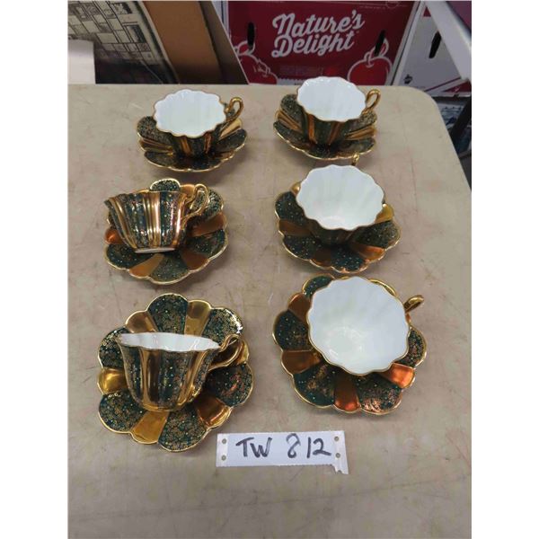 6 Tea Cups + Saucers - Royal Stuart ' Jewelled' 