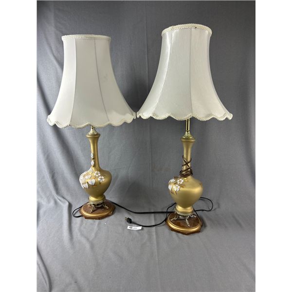 Vintage Pair Of Painted Glass Lamps w/ Shade Approx. 34" H Total. NO SHIPPING