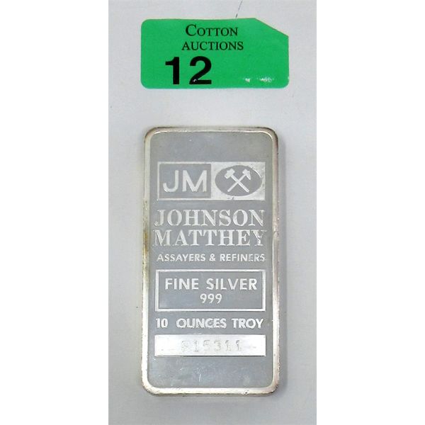 10 oz .999 Silver Johnson Matthey Full Stamped Back Bar 