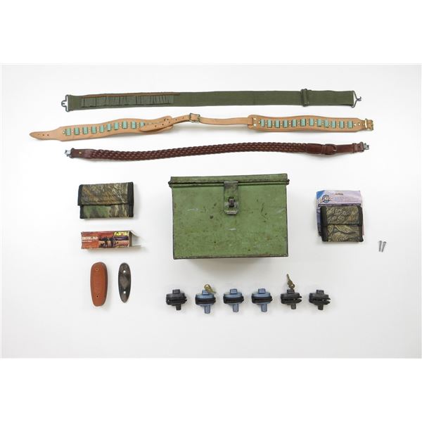 METAL AMMO CAN, KOLPIN AMMO CARRIERS, RECOIL PAD, AMMO BELTS, SLING, TRIGGER LOCKS LOT