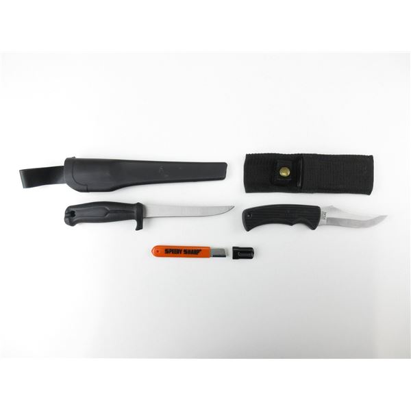 ASSORTED KNIVES AND SHARPENER LOT