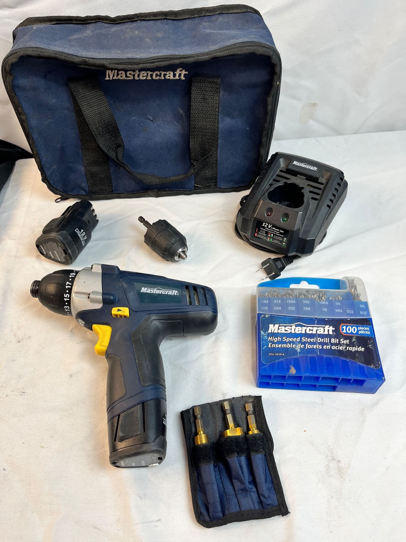 Mastercraft Cordless Drill/Impact Driver, With Charger, Batteries Bits