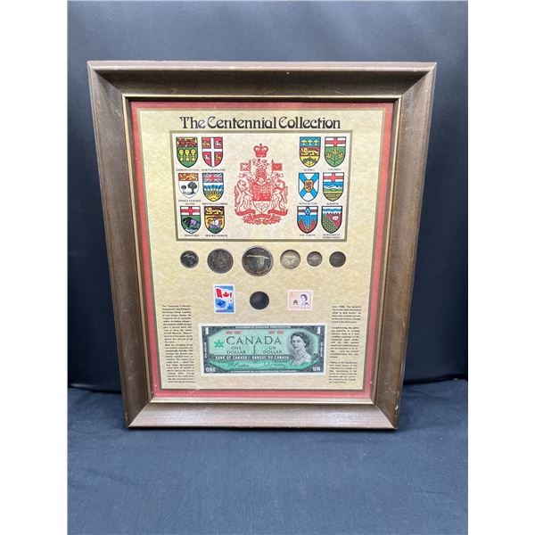 Framed Centennial Coin Collection Includes Coins, Stamps & Bills