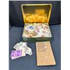 Image 1 : Tin of Assorted Stamps from Around the World & Stamp Stock Book