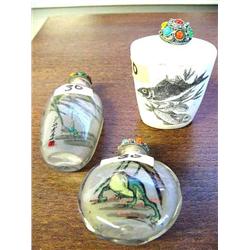 Lot of 3 Snuff Bottles:  2 are reverse Glass Painted from Inside, frogs, Grasshopper, 3rd is carved 