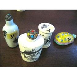 Lot of 4 Snuff Bottles and a Pill Box:  Bone one has 4 scrimshawed Fish,  Pillbox has 3 Log Cabins a