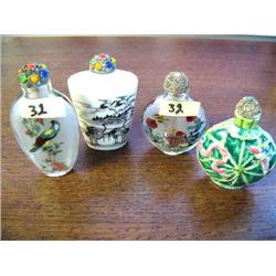 Lot of 4 Snuff B.  One has butterfly, snake, and Poppy Flower,  1 is glass painted on inside w parro
