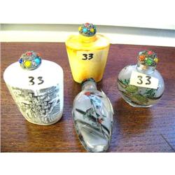 Lot of 4 Snuff Bottles:  1 is bone with no decoration, 1 is bone with Oriental Wedding Scene with Mu