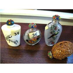Lot of 4 "  1 is bone with 4 turtles, 2 are glass with birds painted on inside and last one is made 