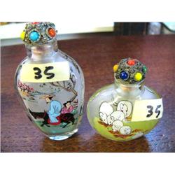 Lot of 2 Glass Snuff Bottles:  1 has herd of mice, Oriental Couple on Horseback (11)