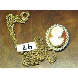 Very Nice Cameo Necklace with Seed Pearls around edge and  Beautiful Chain (1)
