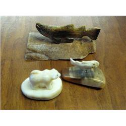 Group of 3 Carvings:  2 Bone Fish and 1 Ivory Bear (1)