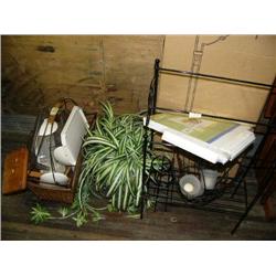 Artificial Flower, basket, metal Rack, and brand new pull lamp still in box (66)