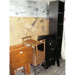 Lot of wood TV Trays Metal Stand and Basket 2 drawer file Cabinet and Black Bookcase (66)