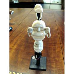 Ivory and Baleen Totem with Walrus Men and Raven Masks 7 1/2" tall by Mark Seeganna of King Island (