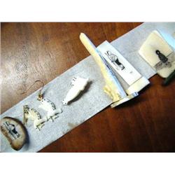 4 Scrimshawed Pieces by Carson Socpick, pair of Ivory Bird Earrings by Robert Kokuluk and Ivory Pin 