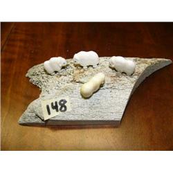 Group of 4 White Ivory Musk ox by Robert Kokuluk of King Island Mounted On Whalebone (1)