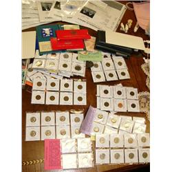 Large group of Collection of Coins Baseball Cards .Barber Half Dollars, quarters, Indian Pennies Sil