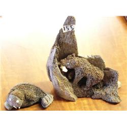 2 Whalebone Carvings, Relief Carved Bear with an Ivory Fish in his mouth, Whalebone Walrus with Ivor