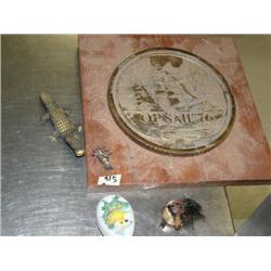 Brass Plaque from OP Sail '76 Bicentennial, Sterling silver motor boat with men falling out, Bronze 