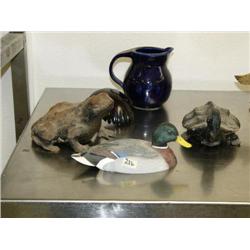 Franklin 9' Mint Decoy, Iron Frog, Iron Turtle, Blue Vase, and a Water Pitcher   (13)