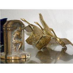 Pair of Antique Bookends of Thinker and a group of 3 Brass Flying Geese  (13)