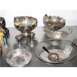 Group of Silver plated items:  2 Bowls with Handles, pair of Candlesticks, Strainer, etc. and a Crys