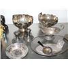 Image 1 : Group of Silver plated items:  2 Bowls with Handles, pair of Candlesticks, Strainer, etc. and a Crys