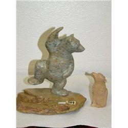 9" Dancing Bear Soapstone by EL and 4" mammoth Ivory Wolf with Cracks in it(33)