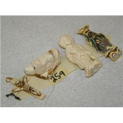 Group of 2 Chinese Carvings, 1 Eskimo Carving of Bear and Man, Cross, Imported