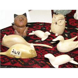 Group of 7 Wood Carvings:  Owl 2 seals, 2 mice, cat and a duck (33)