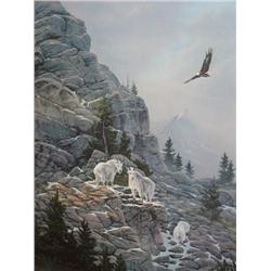 Print 206/950  by Kelley   3 Billy goats and soaring eagle Image Size  29 1/2" x 20"  Double Matted 