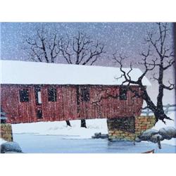 Original Oil Image Size  12" x 16" H. Hargrove  Covered Bridge in Winter with boat (1)