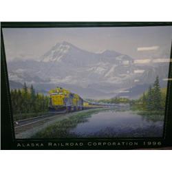 Alaska Railroad Poster 1966 by Shane Lamb Framed  22 1/2" x 28" Glass is Cracked (1)