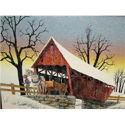 Original Framed Oil Painting Canvas Size 20" x 24" H. Hargrove Man with wagon coming through Covered