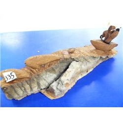 Cotton wood Bark Carving of Man in Kayak and Two Seals 16" Long 6" Roland Manies  (1)