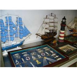 Model ship in case, 3 masted sailing ships 21" long 2 ships in bottles, Lighthouse, Fine Wine Sign, 