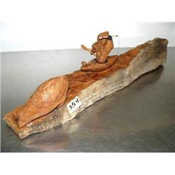 21" Cottonwood Bark Carving of Man in Kayak and Walrus by Manies  (1)