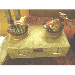 shelf of 2 closine birds & wood box, Canadian stamp, copper bucket, & assorted small items (13)
