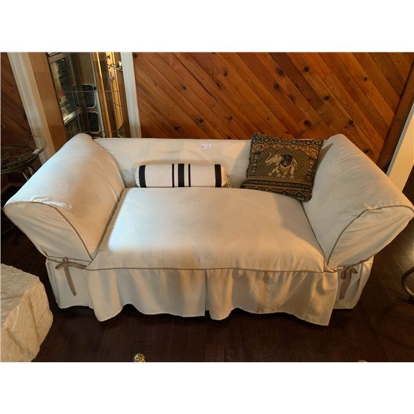 Loveseat Couch With Beige Covers, And Decoration Pillows