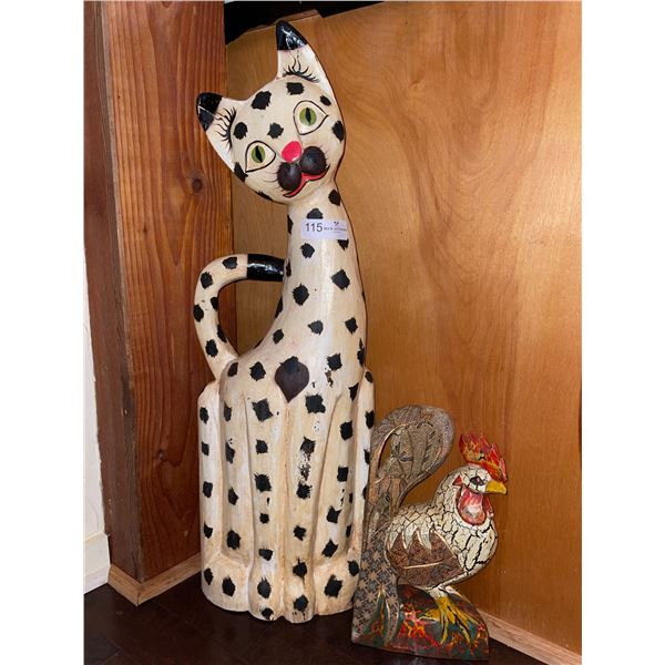 Vintage Hand Carved Cat Statue & Little Rooster