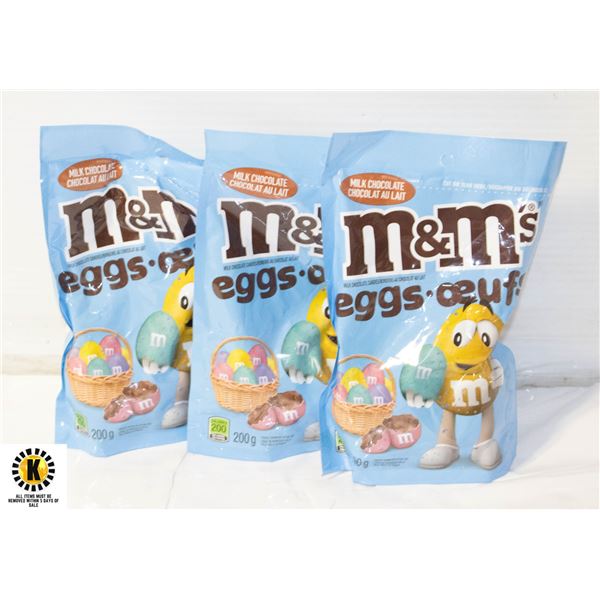 3 NEW BAGS OF M & M MILK CHOCOLATE EGGS - 200G PER