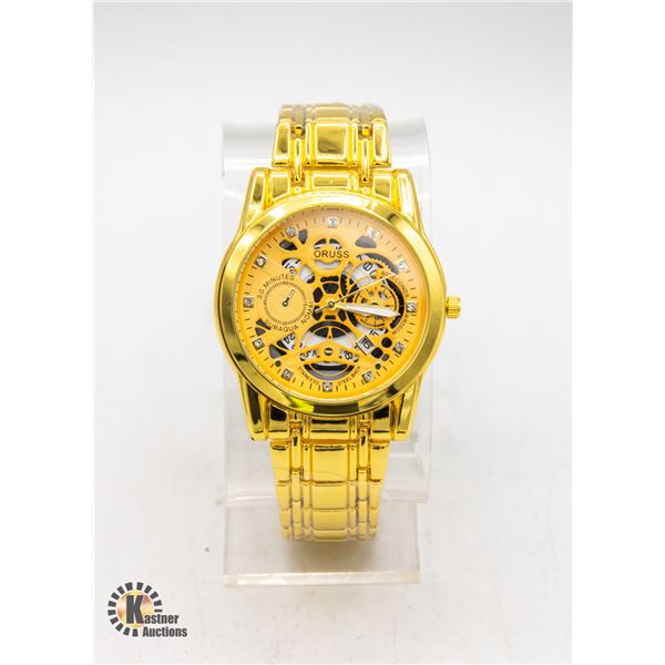 #437- BRAND NEW GENUINE ORUSS WATCH, GOLD TONE