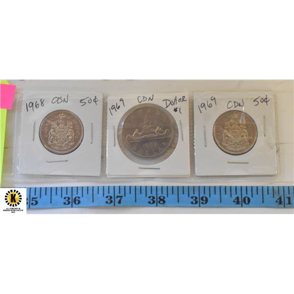 CDN1969 SILVER DOLLAR & 1968, 1969 50 CENT COINS