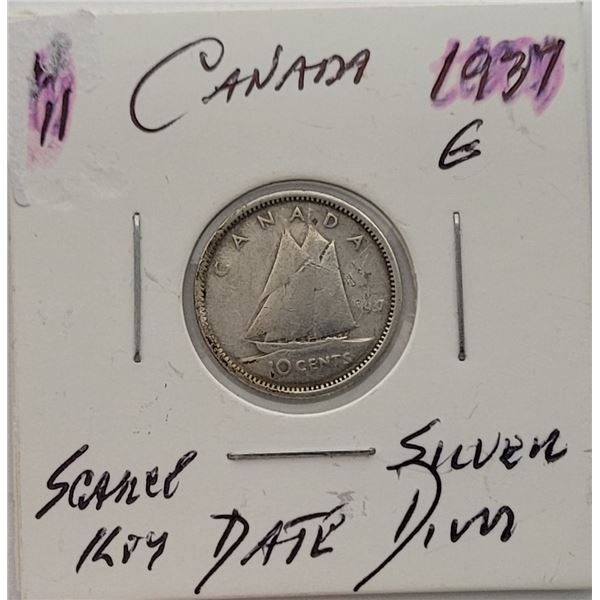 13)  CANADIAN 1937 BLUENOSE DIME, 80% SILVER,